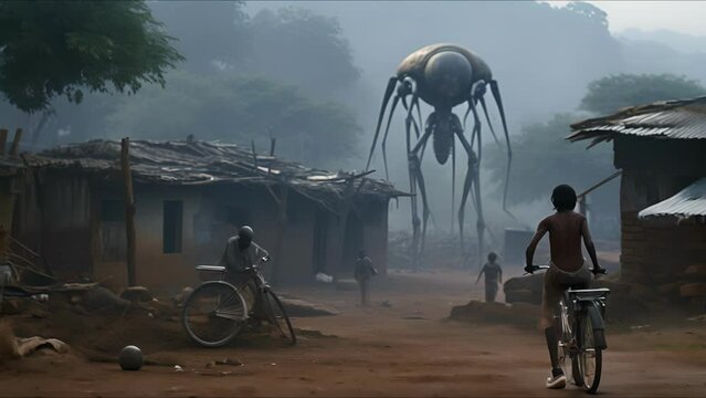 Extraterrestrial monster in Asian village. Rural country background. Ai generated. Space travel and technology concept.