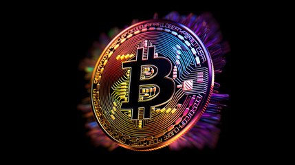 Fototapeta premium a bitcoin coin on a black background with colorful colors surrounding it