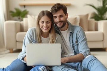 Fototapeta premium Young people are having fun choosing a place for a romantic getaway via the Internet.