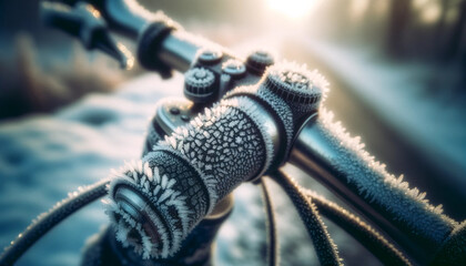 Frost-covered bicycle gears and chains close-up with sunrise in background. - obrazy, fototapety, plakaty