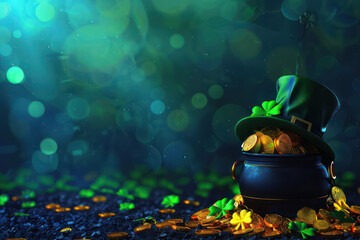 St. Patrick's Day with  Pot of gold coins, rainbow, green four and clover on green bokeh background, invitation Design Banner Illustration
