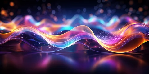 Poster Ondes fractales Abstract glowing waves and lighting particles with black background