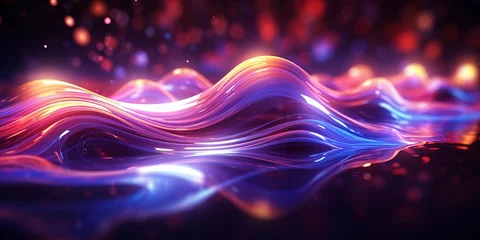 Poster Abstract glowing waves and lighting particles with black background © toomi123