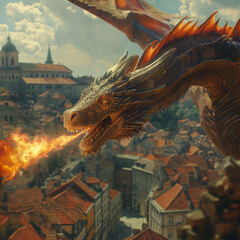  dragon spits fire and flies over the old town ai degenerate - obrazy, fototapety, plakaty