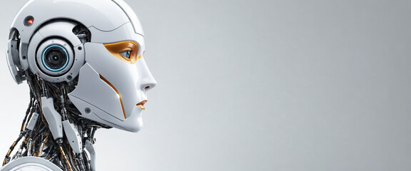 A robot with a human-like face, isolated on a white background. Android profile head with a face that resembles a woman. Wide futuristic sci-fi setting banner with copy space for text.
