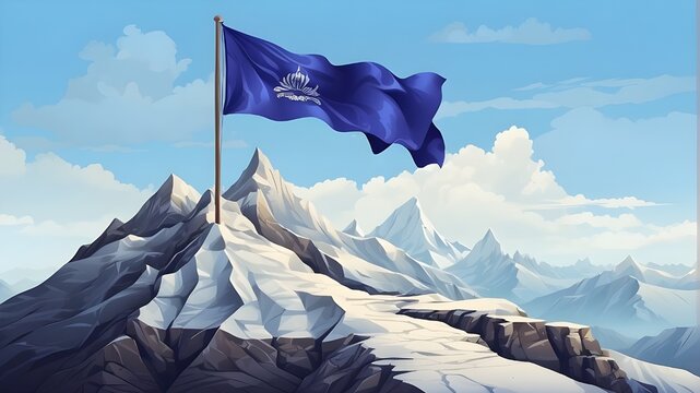 Illustration of a blue flag above a mountain created using