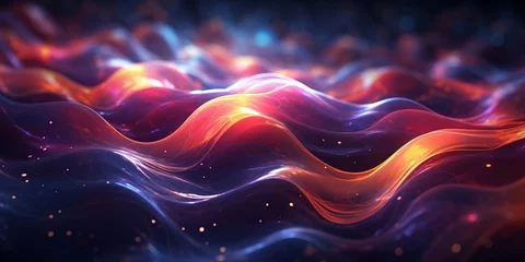 Fotobehang Abstract glowing waves and lighting particles with black background © toomi123