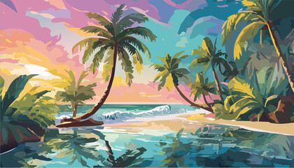 Fototapeta na wymiar Tropical landscape with ocean and palm trees. Ai generated