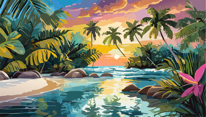Fototapeta na wymiar Tropical landscape with ocean and palm trees. Ai generated