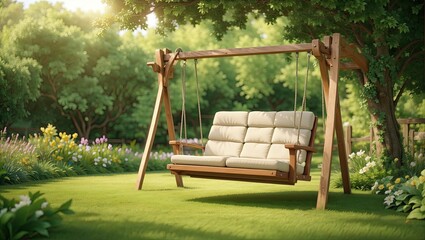Fototapeta na wymiar A Wooden Swing Chair Amidst Lush Greenery