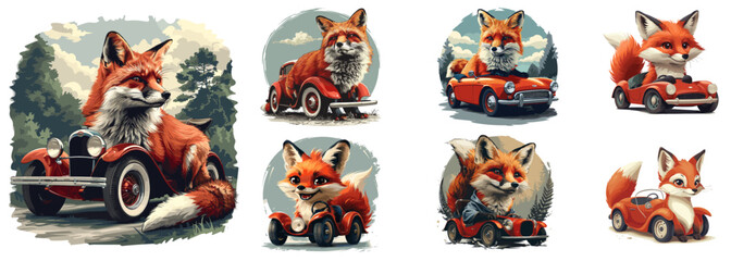Fox as a vintage car collector, classic cars, elegance, automotive passion, collection, stylish, history, animal character vector illustration set - obrazy, fototapety, plakaty