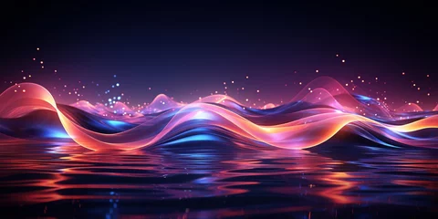 Tuinposter Abstract glowing waves and lighting particles with black background © toomi123