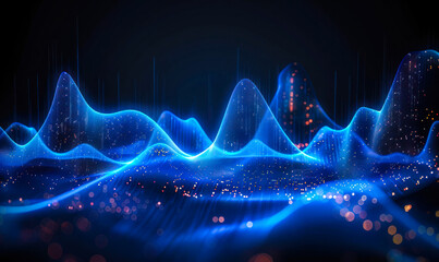 Futuristic blue sound wave visualization depicting an equalizer's dynamic rhythm, perfect for representing voice recognition and audio technology concepts - obrazy, fototapety, plakaty
