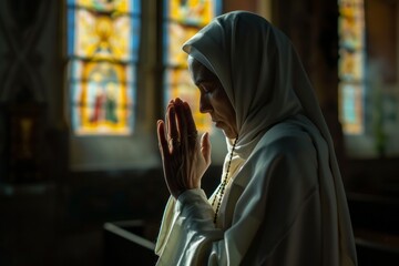 A Catholic nun praying in a historic church, her rosary beads glinting in the soft light filtering through stained glass.