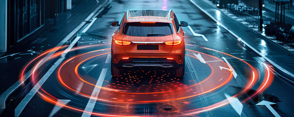 Autonomous vehicle technology and smart mobility concept with a car and dynamic light trails on a digital city road showcasing futuristic transportation and connectivity