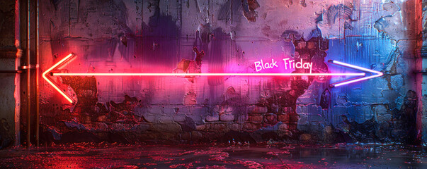 Electric pink and blue neon sign of Black Friday on a rough textured wall, epitomizing the biggest shopping event with vibrant, glowing energy and enticing sales appeal