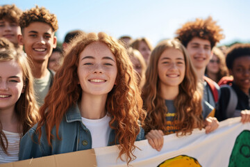 A group of diverse teenagers, holding banners for environmental change, showing unity and fervor in a public demonstration.