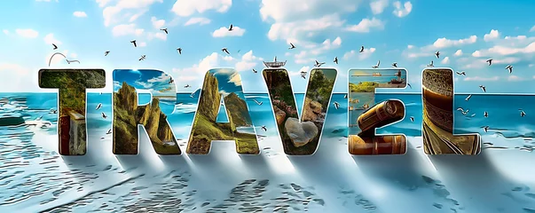 Foto op Canvas Vivid collage of travel-themed photographs forming the word TRAVEL against a dynamic ocean wave backdrop, representing global tourism and adventure © Bartek