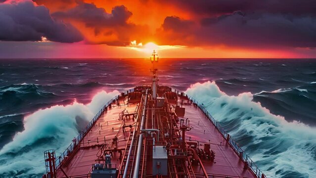 A mive oil tanker navigates through the rough waves of the open sea adhering to strict international regulations for the transport of oil and gas.