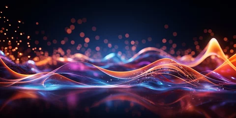 Foto op Canvas Abstract glowing waves and lighting particles with black background © toomi123