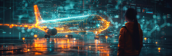 Obraz premium Futuristic Visualization of an Airliner with Digital Network Connectivity Over a Smart Cityscape, Symbolizing Advanced Air Travel Technology