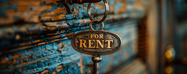 Vintage key with a FOR RENT sign hanging on a ring against a rustic wooden background, representing real estate rental, property market, and housing availability