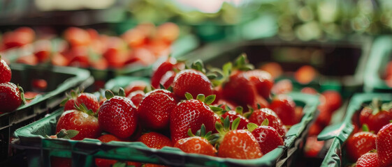 Fresh strawberries in market trays, ripe summer sweetness ready to entice.