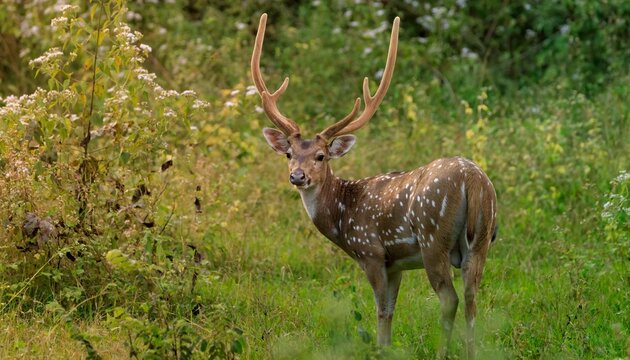 Chital or cheetal, Axis axis, spotted deers or axis deer in nature habitat. Bellow majestic powerful adult animals.