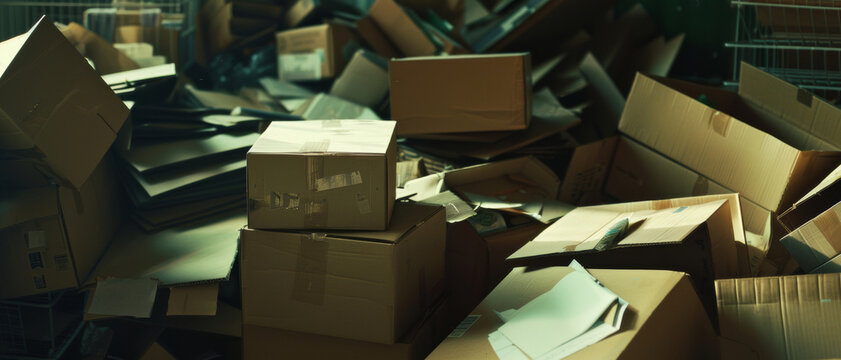 A warehouse with scattered cardboard boxes conveys chaos or overwhelming logistics.