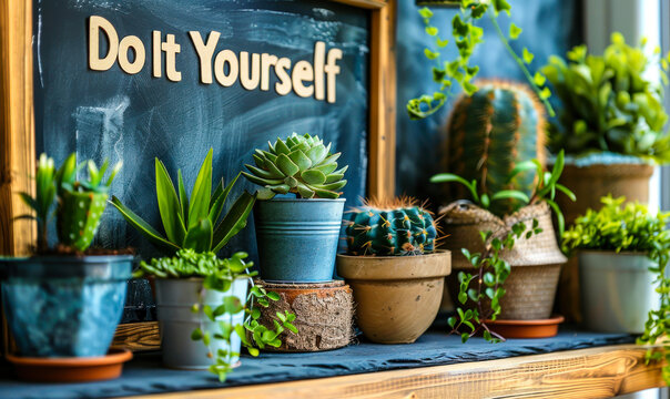 Do It Yourself inspirational quote on a black chalkboard with cacti and green plant in pots, encouraging creativity and personal effort