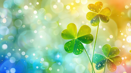 St. Patrick's Day with green four and clover on green bokeh background, invitation Design Banner Illustration