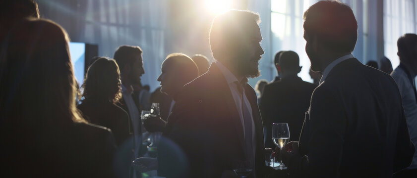 Silhouetted figures mingle with cocktails at a dimly lit, sophisticated event.