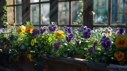 Violas adorning window boxes with architectural charm