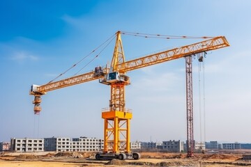 Vibrant urban construction site featuring a towering crane against a clear blue sky, ideal for stock photography