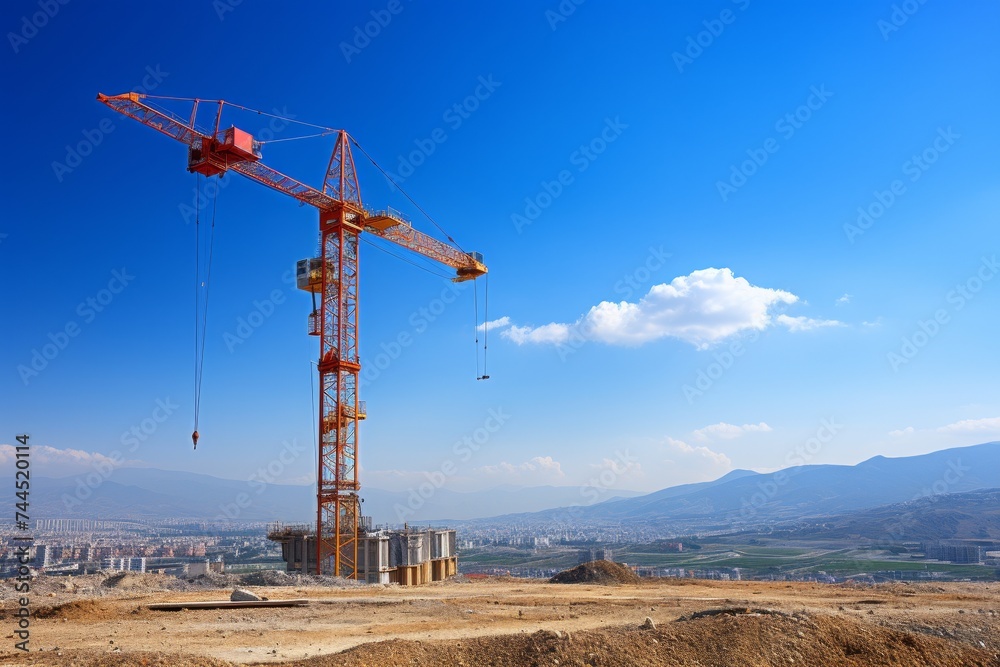 Wall mural elevated crane amidst bustling construction site with high-rise building and clear blue sky