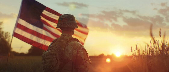 Soldier stands in contemplation at sunset, American flag waving proudly.