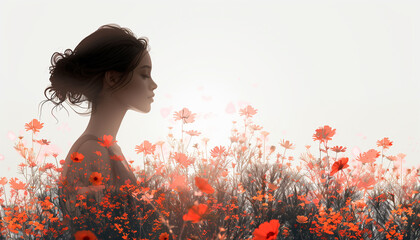 The upper part of the silhouette of a woman among red orange flowers on a clean bright background. International Women's Day concept. - obrazy, fototapety, plakaty