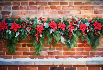 Fototapeta na wymiar Watercolor storybook Christmas floral ground cascading garland bursting out from a haphazardly laid brick wall. Dropping paint from flowers.white pink and red Poinsettias. Mistletoe. Holly berries. So