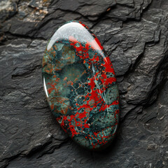 Bloodstone gem mineral on black stone background - obrazy, fototapety, plakaty
