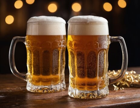 Two mugs of beer with foam in a bar