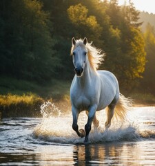 A white horse runs through the shallow waters of a fast and clear river. A lot of splashing from under the hooves. Foggy morning, sun rays through fog. Vibrant colors