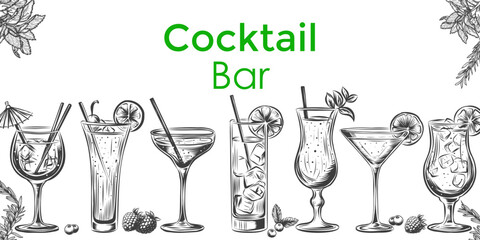 Vector design with hand drawn cocktails drinks illustration. Vintage beverages sketch background. Retro engraving template isolated on white. Margarita, mojito, pina colada, lime, ice. - obrazy, fototapety, plakaty