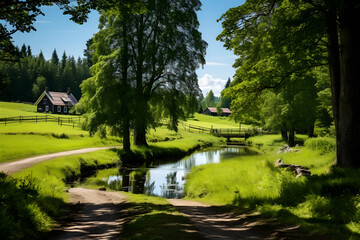 Fototapeta na wymiar A Serene Walk Down The Country Road: Stunning Rural Landscape At Gjellebekk