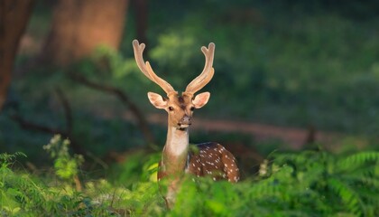 Chital or cheetal, Axis axis, spotted deers or axis deer in nature habitat. Bellow majestic...