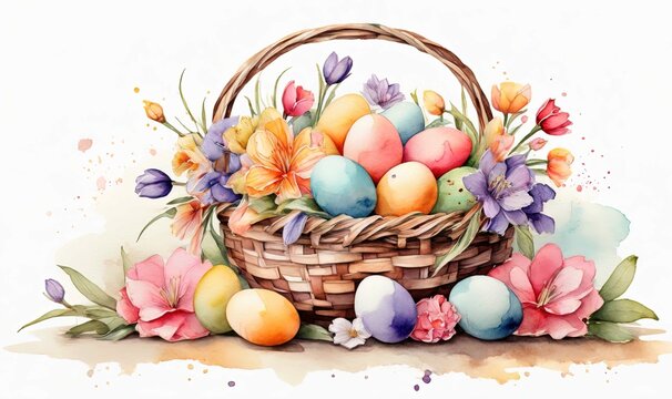 water color Illustration of Easter basket with easter eggs multicolor decoration concept. Decorated with colorful flowers with copyspace around on white background