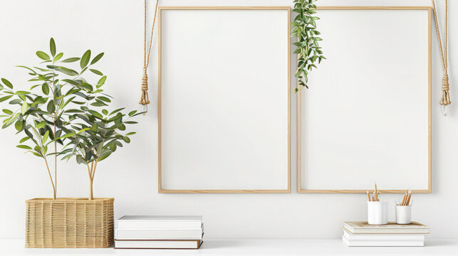Horizontal Metal Frame Home Interior Poster Mock-Up with Succulents, Books, and White Wall