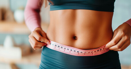  Close-up of a fit woman measuring her waist with a pink tape measure in a gym setting. - obrazy, fototapety, plakaty