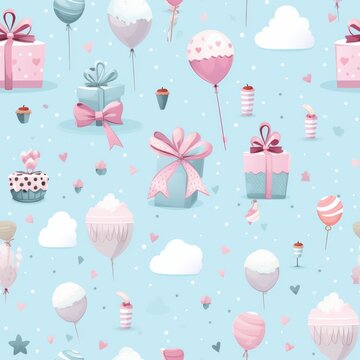 Pastel birthday pattern with festive holiday motifs for sale on stock photo website
