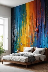A bedroom with a vibrant, multicolored wall mural behind a minimalist bed, bathed in natural light.