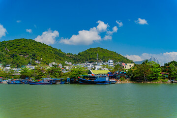 Houses on the river bank.The Kai River in Nha Trang in Vietnam. The urban landscape.